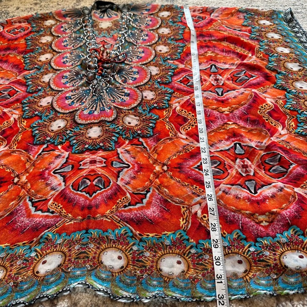 Charlie Paige | Multicolor Boho Embellished Tie Dye Poncho Swim Cover Up Kimono - Picture 9 of 9